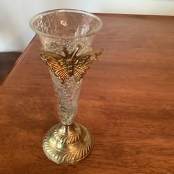 Brass And Crackle Glass Butterfly Vase 7” Tall 3” Wide 