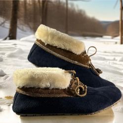 Sperry Women’s Emory Suede Faux Fur Lined Slippers Sz 7 Blue Rubber Sole EUC