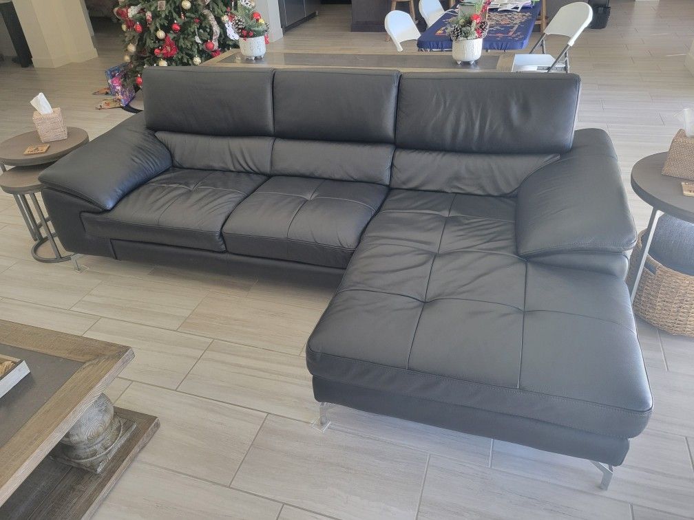 Black Genuine Leather Sectional Couch
