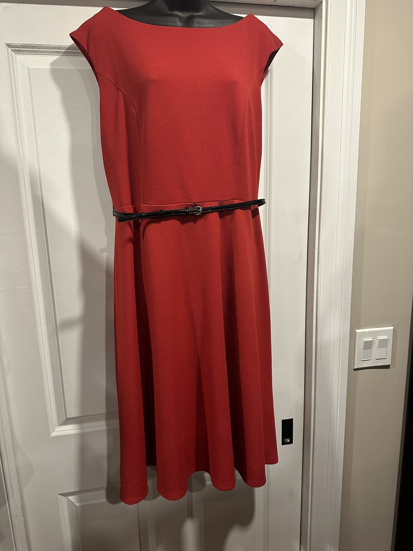 Classic Red Midi Dress with Belt Accent