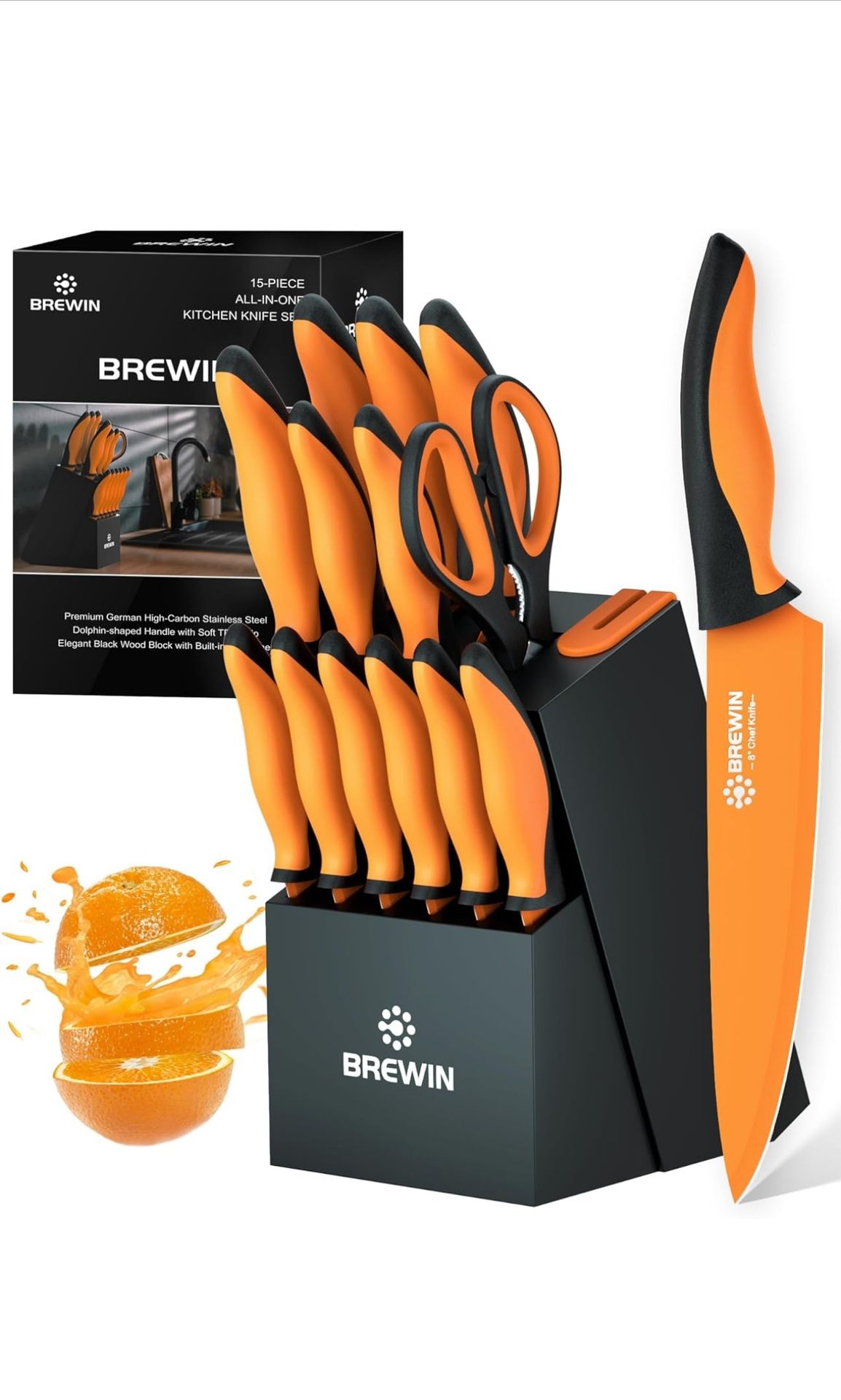 Brewin Knife Set, 15-Piece Kitchen Knife Set with Block, German Stainless Steel Sharp Knives Set for Kitchen with Built-in Sharpener, Ergonomic TPR An
