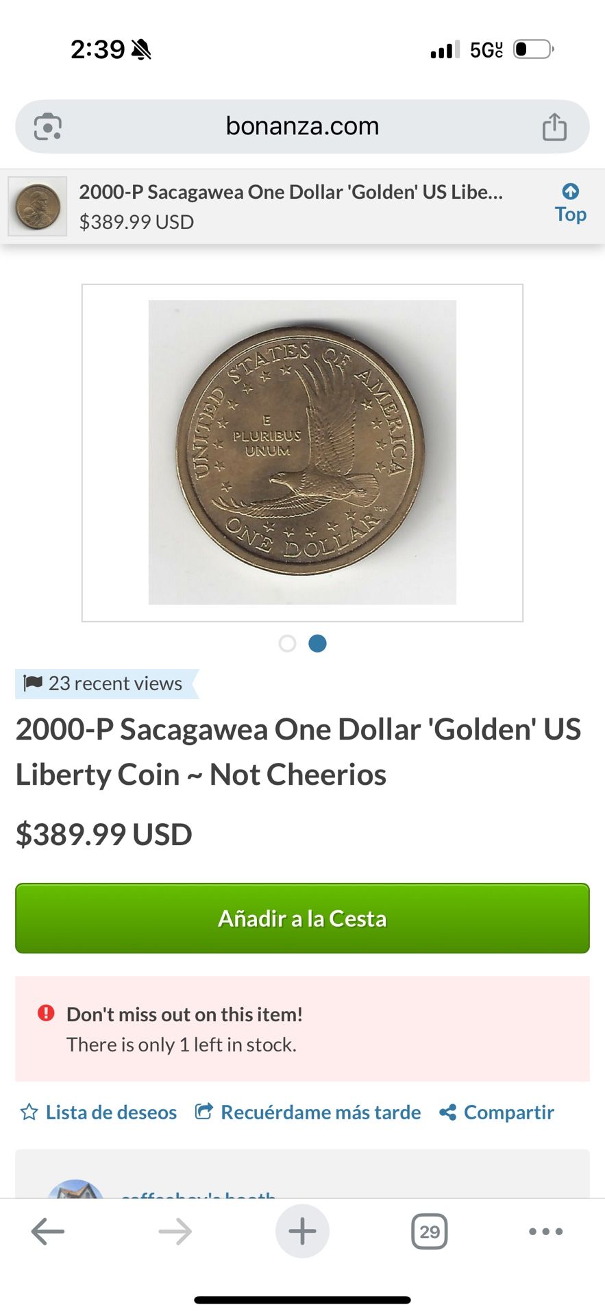 2000 P Sacagawea One Dollar 'Golden' US Liberty Coin ~ Not Cheerios