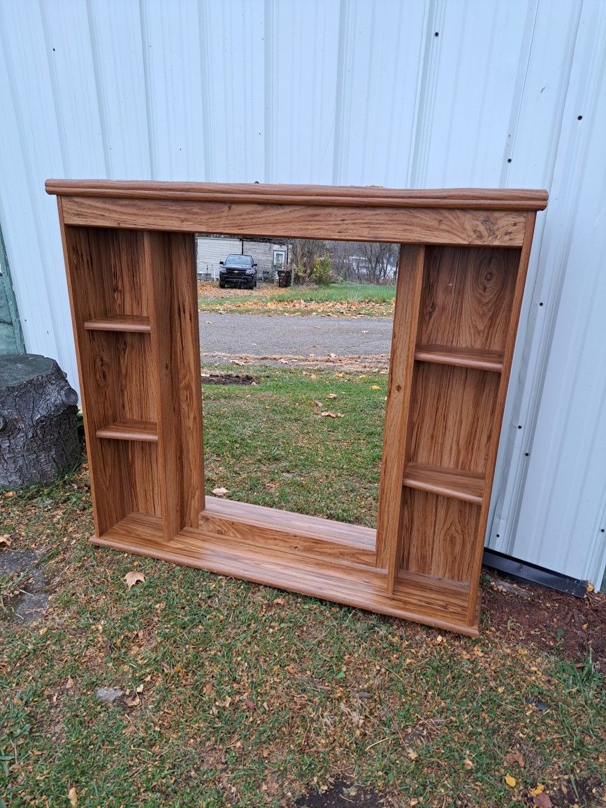 Large Wood Frame Vanity MIrror With Light & Side Shelves