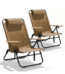 2 Pack Premium 5-Position Reclining Camping Chair - Portable Folding Lightweight Outdoor Chair with Wooden Armrests, Headrest & Pockets, 350lbs Heavy 