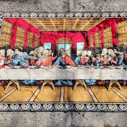 Vintage Tapestry The Last Supper Large Jesus Rug 48” X 70” Italy Fringe Italian