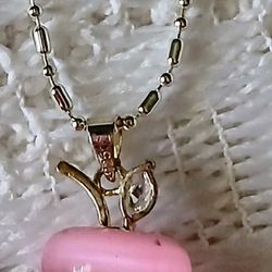 New .925 Silver Pink Abolone Shell Apple Charm Necklace