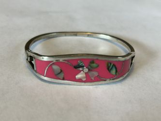 Vintage Sterling Silver Mother Of Pearl/Abalone Inlay Hinged Bracelet Size 7.5”