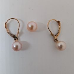14K Gold Pink Cultured Pearl Earrings - High Luster, Very Round, PLUS: Extra Pearl