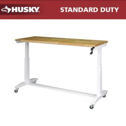 Husky 62 in. W x 24 in. D Adjustable Height White Worktable with Solid Wood Top