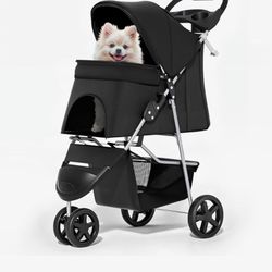 Foldable Pet Stroller with Weather Cover, 3 Wheels Pet Strolling Cart for Small/Medium Dogs and Cats with Storage Basket and Cup Holder, Breathable an