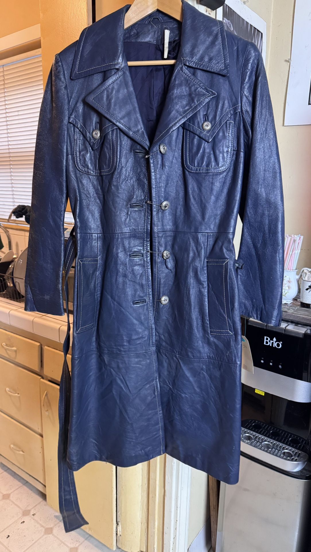 Vintage Leather Trench Coat Button Front Navy Blue 1970s