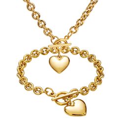 Heart Chain Necklace + Heart Bracelet for Women Girls Hearts Pendant Toggle Charm Jewelry Set Stainless Steel 18K Gold/Rose Gold Silver