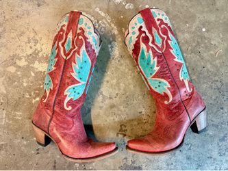 Junk Gypsy red leather cowboy boots with turquoise accents size 7 1/2”
