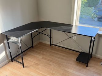 Modern L-Shaped Computer Desk (Black Metal Frame & Dark Wood Top with Shelf)