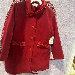 Girls Red Button-Up Coat with Bow Pockets