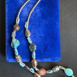 34” Faux Chunky Turquoise Silver Bronze Tone Wood Stone Necklace 