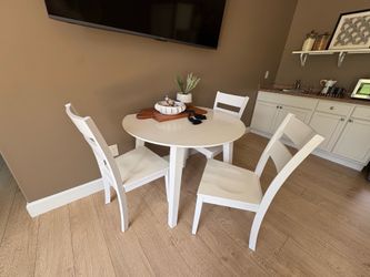 Pretty White Wood Round Table w/ Folding Sides + 3 Beautiful White Solid Wood Chairs