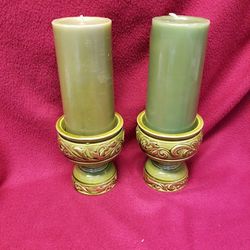Set Of 2 Vintage Pillar Candle Holders With Candles