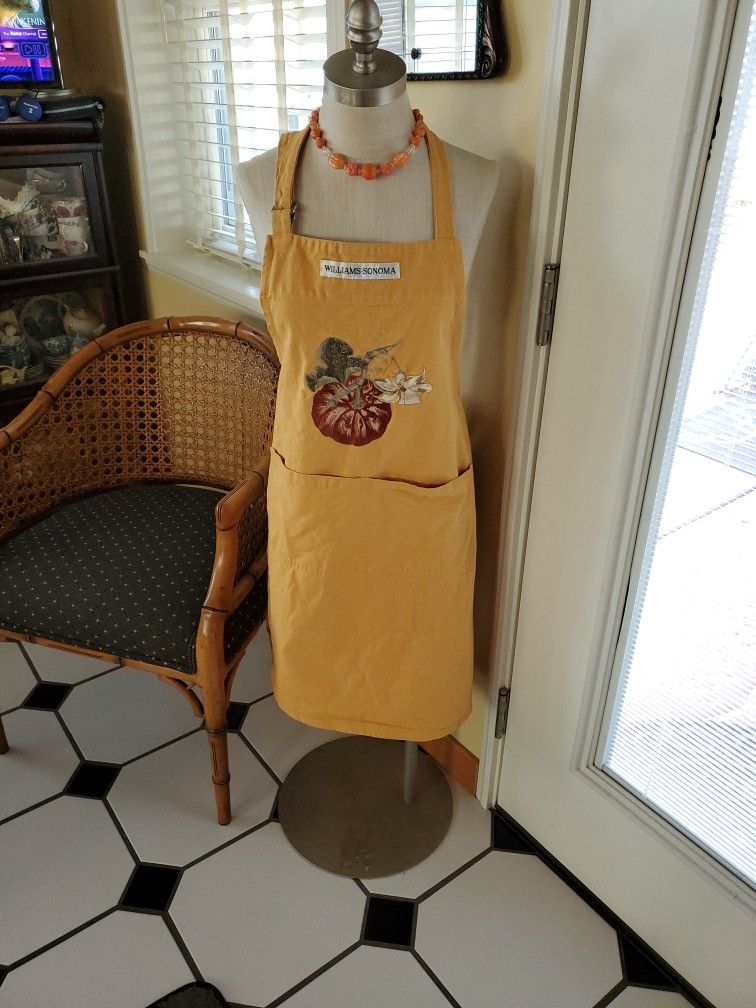 Williams Sonoma Adult Bib Apron  Mustard Color;  Embroidered Pumpkin