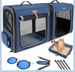 Lekereise Large Cat Carrier for 2 Cats, 2-in-1 Cat Travel Carrier with Litter Box, (17.7" x2) x16.5"x13" Pet Carrier with Zipper Locks for Moving Acro