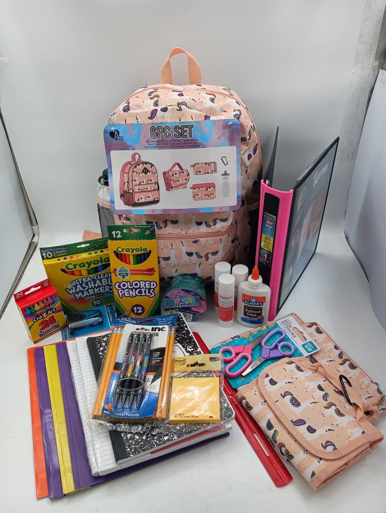 Girls Large 6 Piece Set Book Bag & School Supplies Bundle.