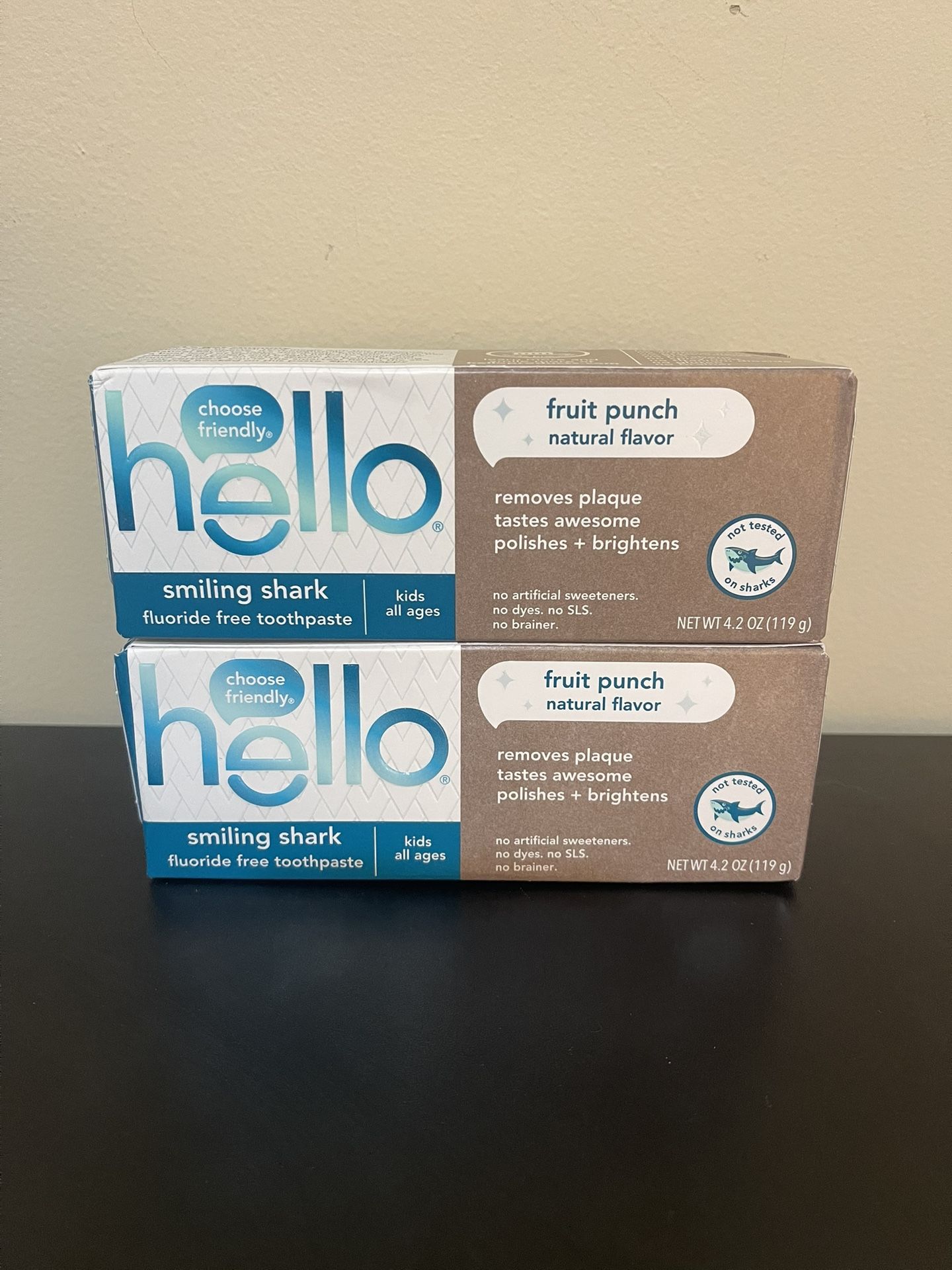 2Pack hello Smiling Shark Fluoride Free Kids Toothpaste, Natural Fruit Punch, 4.2 Oz Tube