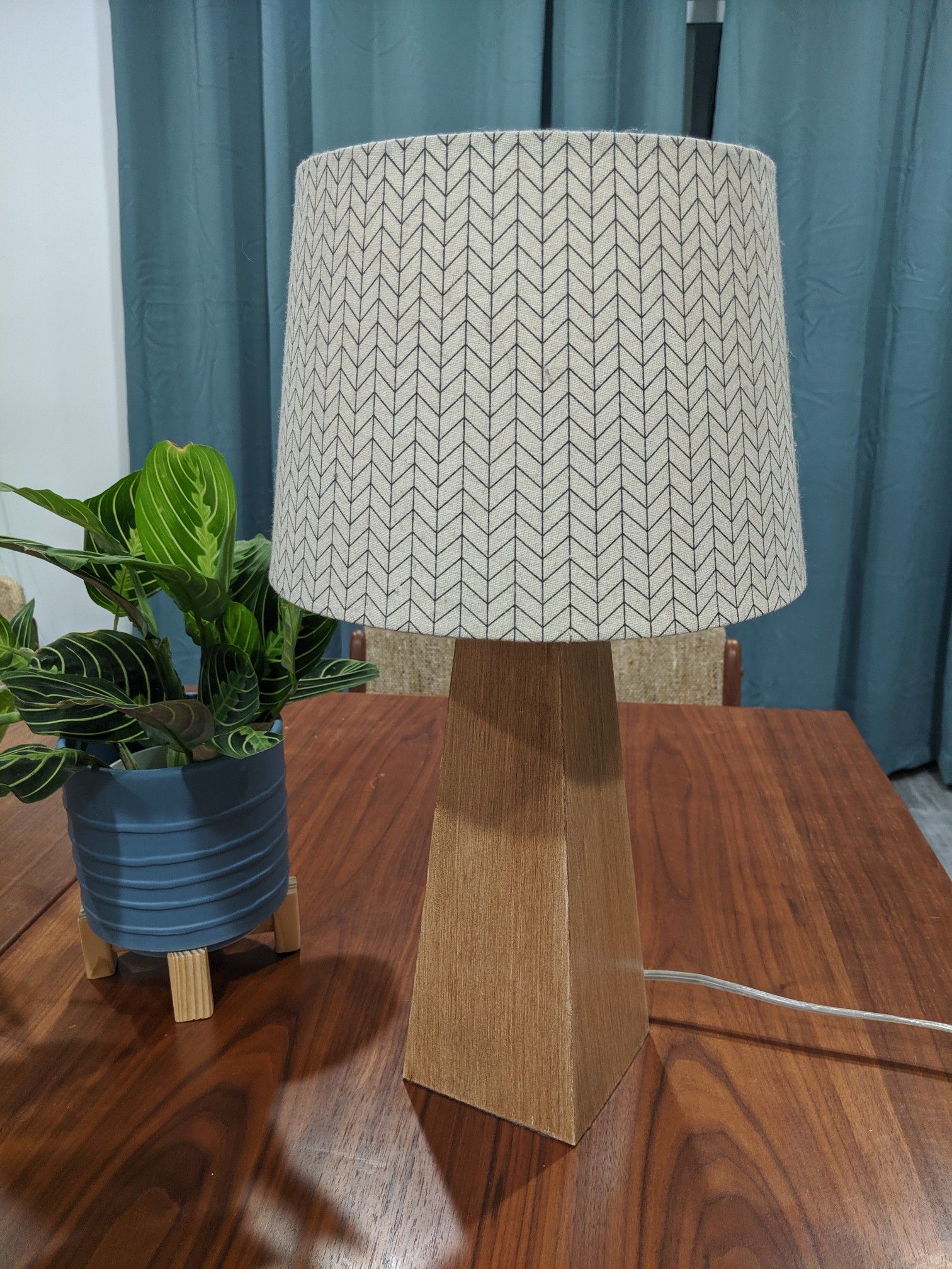 Mid century modern wood and cloth table night stand light lamp