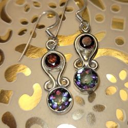 New Silver Mystic Topaz Garnet Dangle Earrings