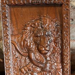 Vintage three-dimensional lion wood plaque