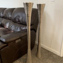 Pair of 42” Tall Polished Hammered Aluminum Large Candle Stands / Holders