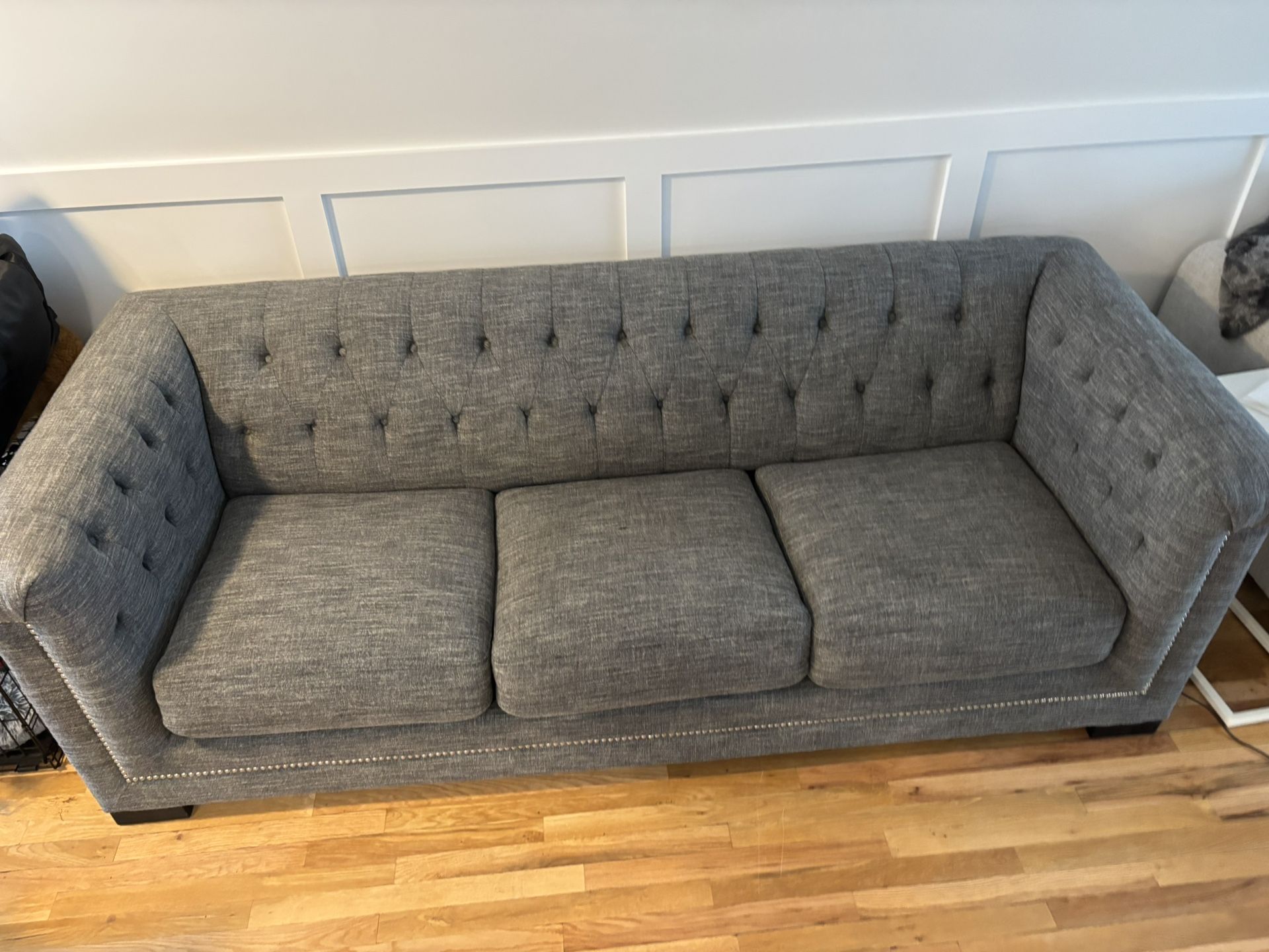 Bobs Grey 3 Piece Sofa, Loveseat, Ottoman Set