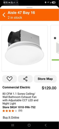 80 CFM 1.1 Sones Ceiling/ Wall Bathroom Exhaust Fan with Adjustable CCT LED and Night Light