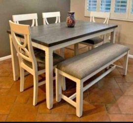 ✅️✅️(6 pc white & grey finish wood dining table set grey padded seat chairs and bench✅️✅️