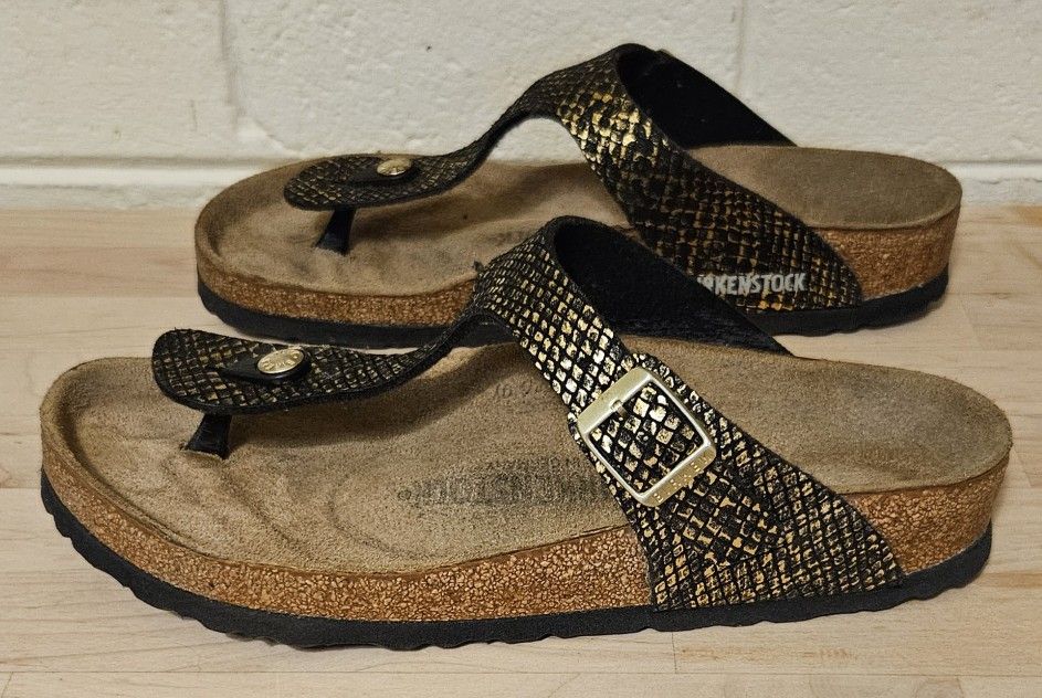 Birkenstock Black and Gold Python Gizeh Sandals in "Size 39"