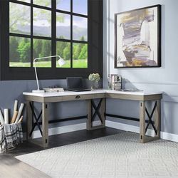 💎MODERN FARMHOUSE L-SHAPE CORNER WRITING HOME OFFICE RECEPTION DESK OAK MARBLE FINISH💎