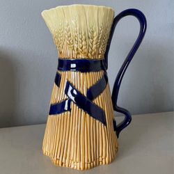 RARE 1990s Bordallo Pinheiro Blue Ribbon Banding Wheat Sheaf Pitcher 