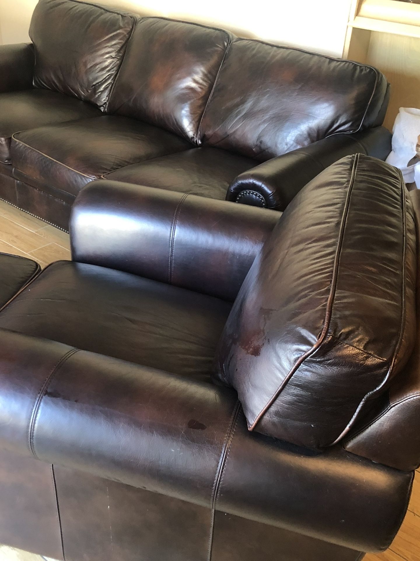 Beautiful Top Grain Leather Studded Sofa And Matching Club Chair With Ottoman