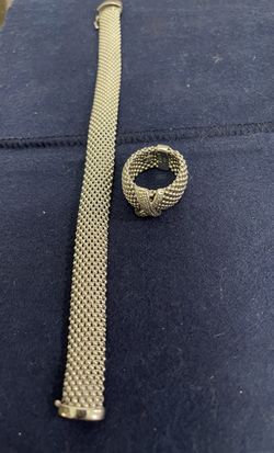 Sterling Silver Mesh Bracelet and Ring With Diamond X