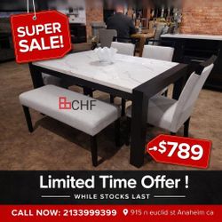 6 Piece Faux Marble Top Dining Table Set 66" x 38" x 30"H