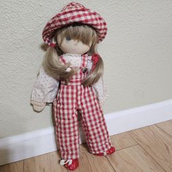 Vintage Dakin Rag Doll Girl Marilyn Conklin 1984 Gingham Outfit Toy Lovey 18" - **FLAWS - Shows Signs of Age