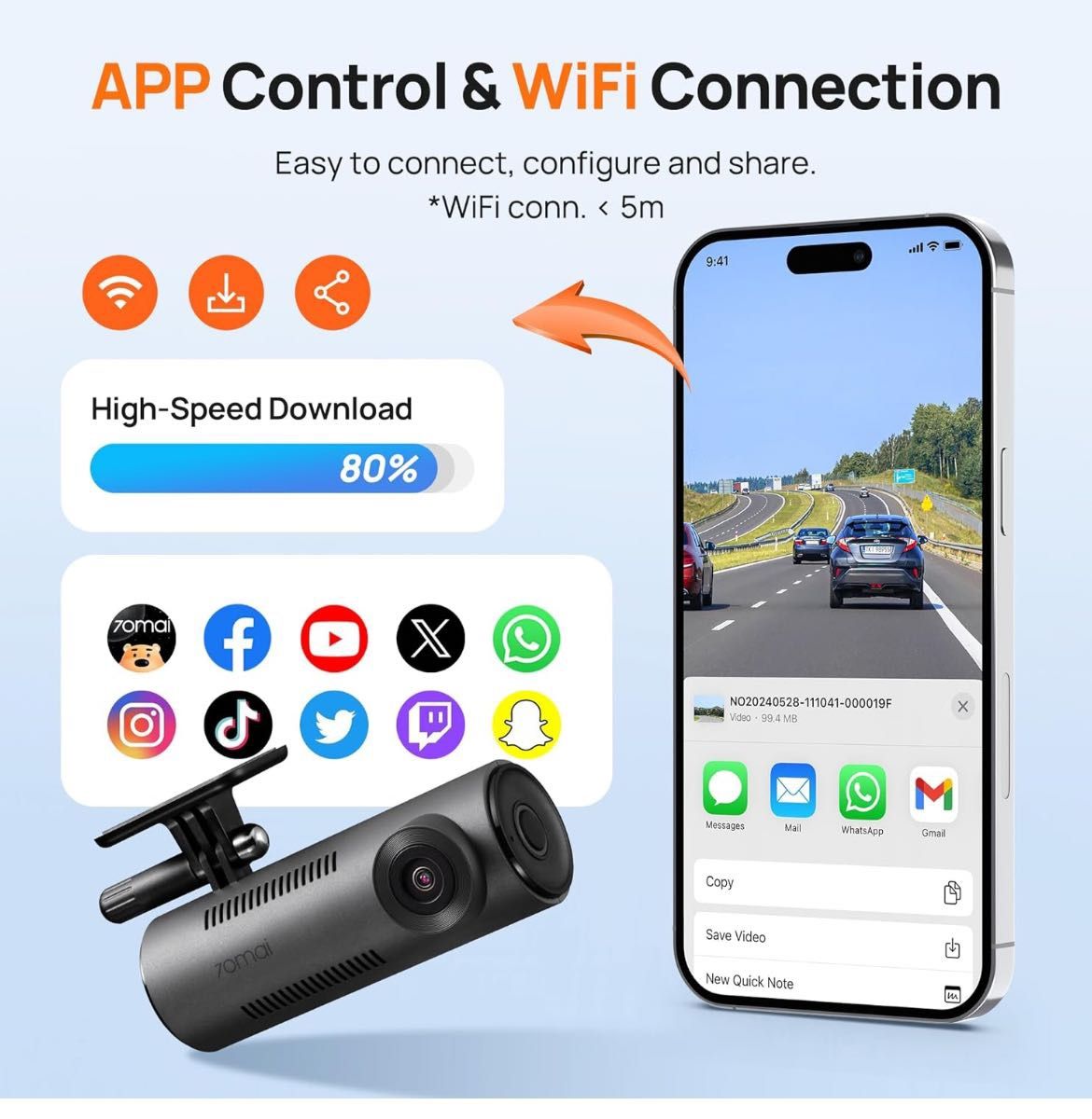 70mai Dash Cam M310, 1296P QHD, Built in WiFi Smart Dash Camera for Cars