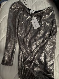 Highline Collective Silver Sequined One Shoulder  Long Sleeve Mini Dress Size M