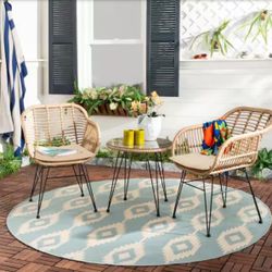 3-Piece Wicker Outdoor Bistro Set with Beige Cushions