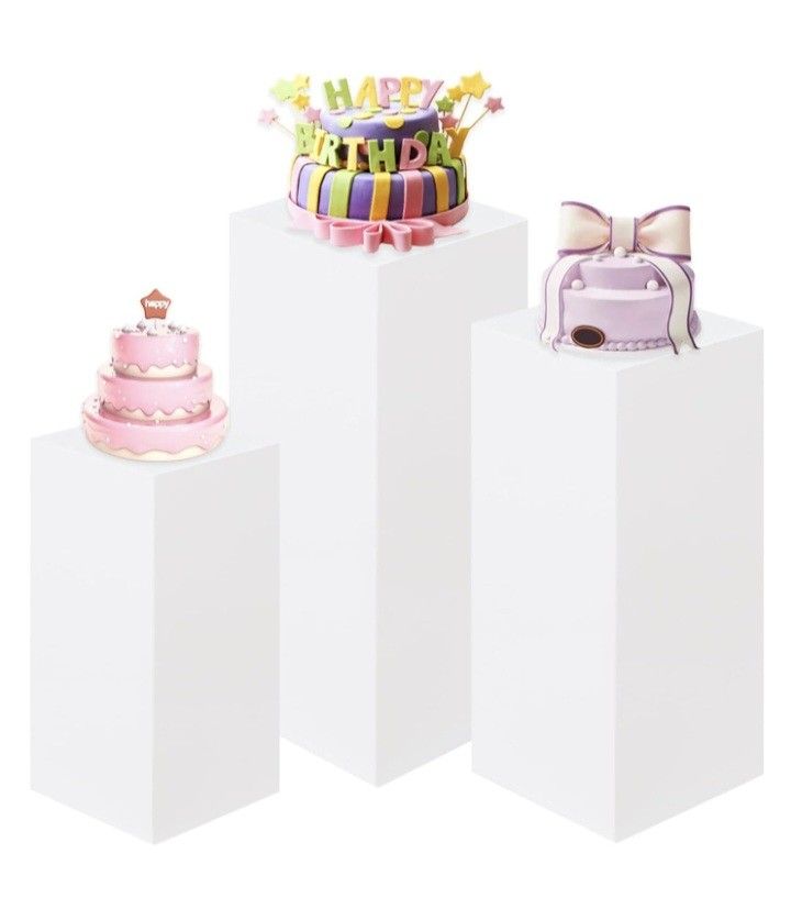 3 Square Party Pedestal Stands, White Metal Square Plinths, Dessert Table Pillars for Birthday, Wedding, Bridal, Baby Shower, Party Decorations (Large