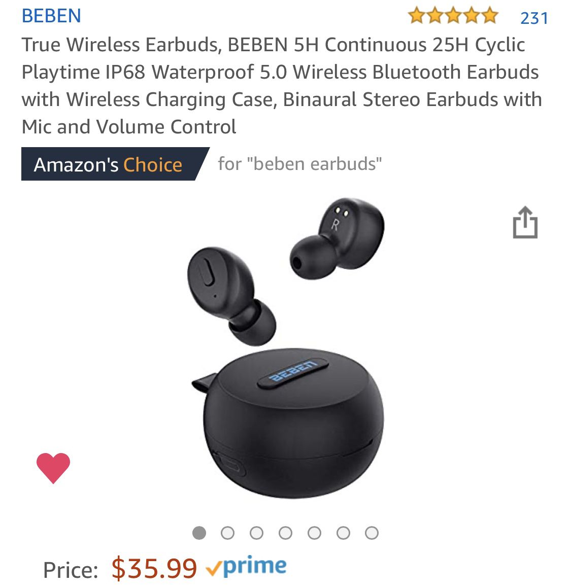 True Wireless Earbuds, BEBEN 5H Continuous 25H Cyclic Playtime IP68 Waterproof 5.0 Wireless Bluetooth Earbuds with Wireless Charging Case, Binaural S