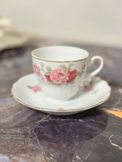 Porcelain Teacup and Saucer with Rose Pattern