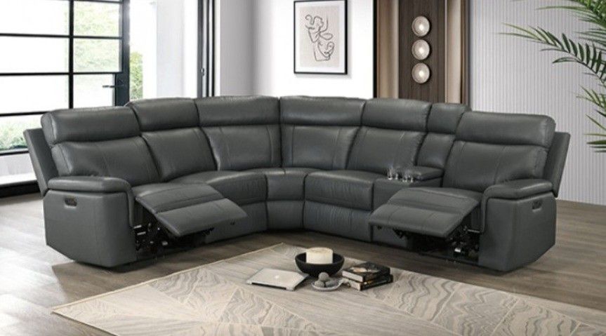 Brand New Grey Top Grain Leather Power Reclining Sectional Sofa