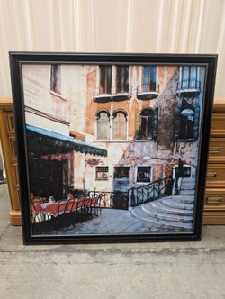 Venetian Canal Scene Framed Print in Dark Wood