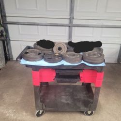 SET OF 13 WEIGHT PLATES ,2 DUMBELLS BARS AND 1 TRICEP BAR. ALL FOR 2 INCHES CENTER HOLE. SOME ARE GRIP WEIGHT PLATES. $150.00 OR BEST OFFER. 