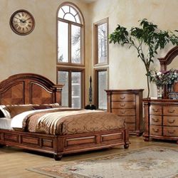 Brand New Antique Tobacco Oak 4pc Queen Bedroom Set (Available In California & Eastern King)